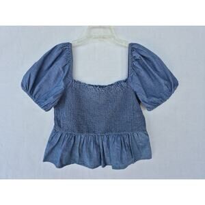 J.Crew Women’s XL Chambray Smocked Puff Sleeve Peplum Top Blue NWT